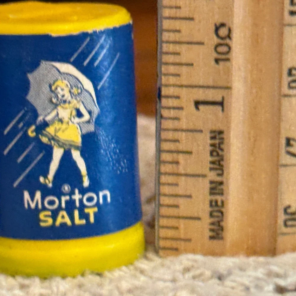 Morton Salt Miniature Shakers Set of 2 Blue Yellow Vintage 1.5in Advertising USA